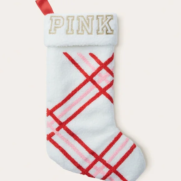 PINK Victoria's Secret Holiday Stocking - Red and Pink Plaid - Picture 1 of 2